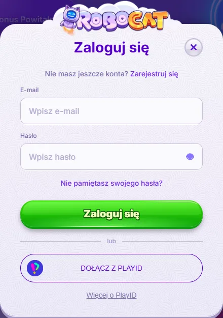 Okno logowania Robocat Robocat casino login – okno z polami e-mail i hasło, przypomnieniem hasła i przyciskiem Dołącz z PlayID