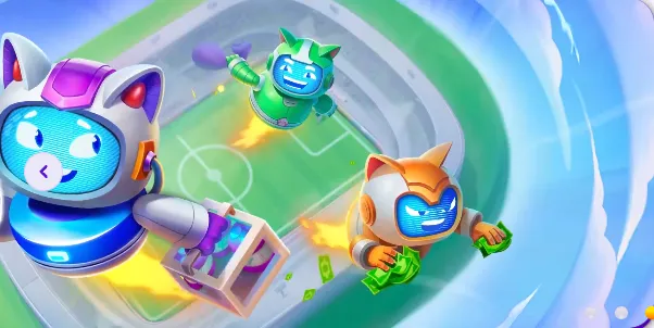 Robocat casino online – roboty Robocat na stadionie piłkarskim z banknotami