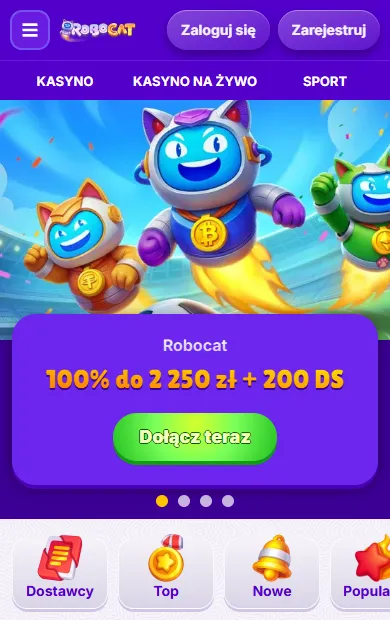 Robocat Casino Online na telefonie – fioletowa belka, baner oferty i kategorie gier